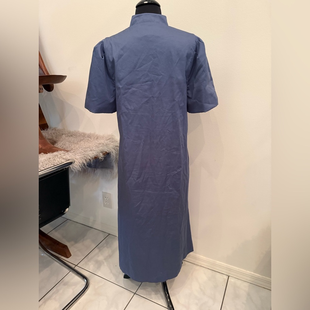 MESTIZA Elliana Gold Palm Embroidered Cotton Poplin Midi Dress in Blue Sz M $475 - Picture 11 of 16